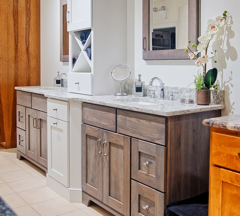 A display of the Red Rose Cabinetry Showroom bathroom cabinets in Lancaster, PA