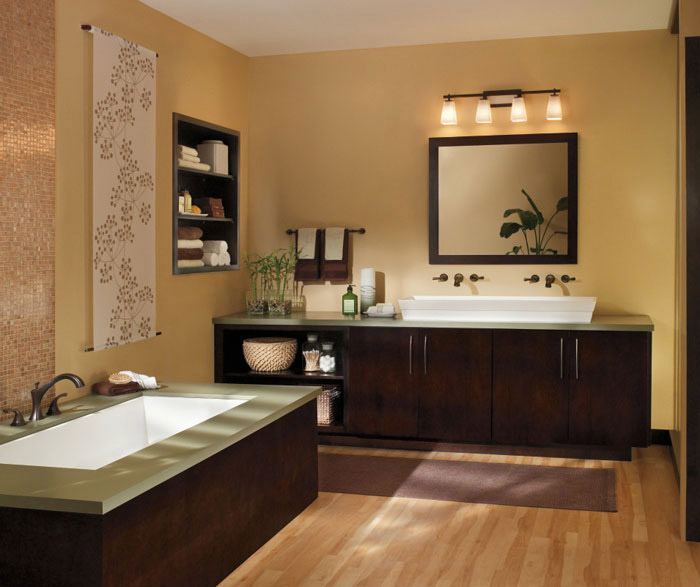 A contemporary bathroom design with custom cabinetry in a dark cherry finish