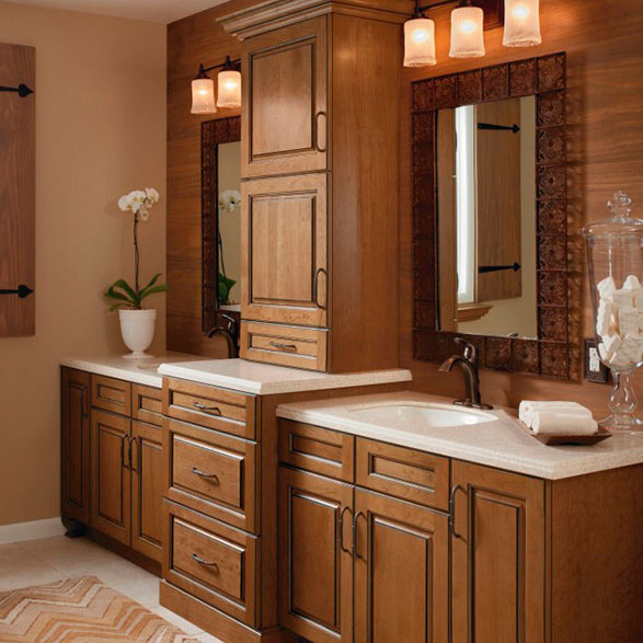 A rustic-style bathroom showcasing stained-wood bathroom cabinets 